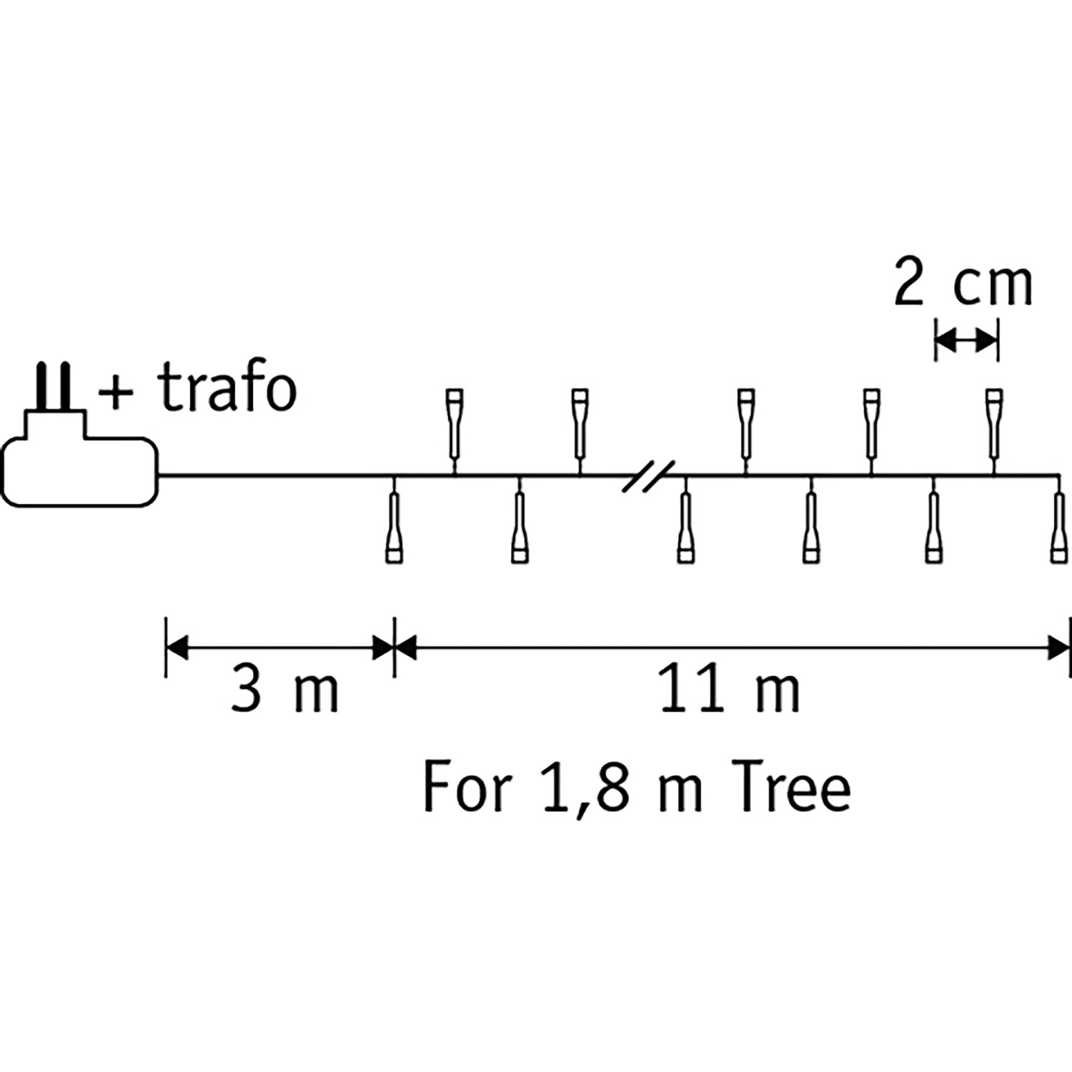 Skizze einer Luca Lighting Lichterkette, warmweiß, 550 LEDs, 1100cm lang, für Außen- und Innenbereich.