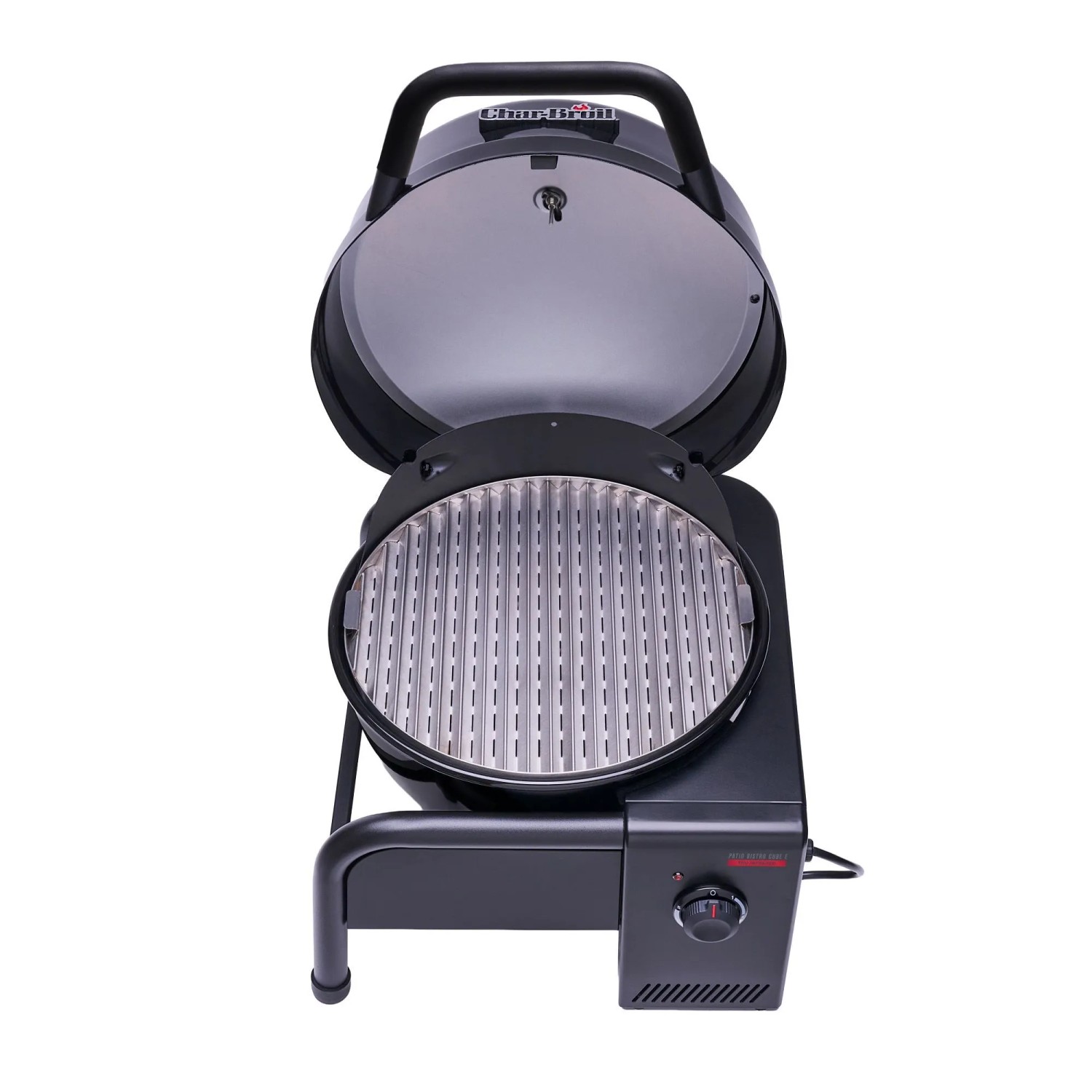 Schwarzer, mobiler Char-Broil Elektrogrill Patio Bistro Cube mit geöffnetem Deckel und Grillrost.