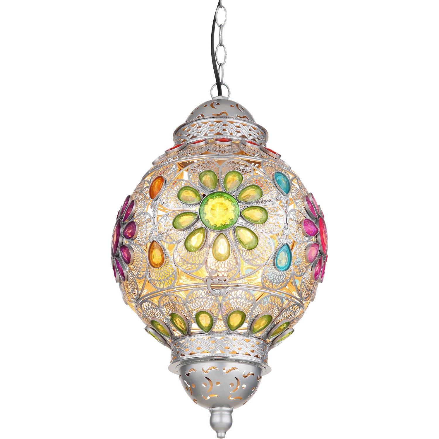 Silbergraue Globo Pendelleuchte mit bunten Acrylkristallen, 270x1200 mm. Dekorative Hängeleuchte.