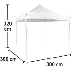 Weißer Faltpavillon Manzanola, 297x297 cm, mit Stahlgestell und wasserdichtem Polyesterdach.