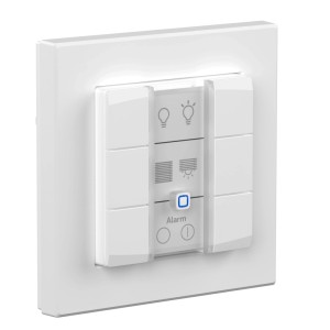 Weißer Homematic IP Wandtaster 6-fach für Hausautomation. Steuert Licht, Rollläden mit Status-LEDs. Unterputz.