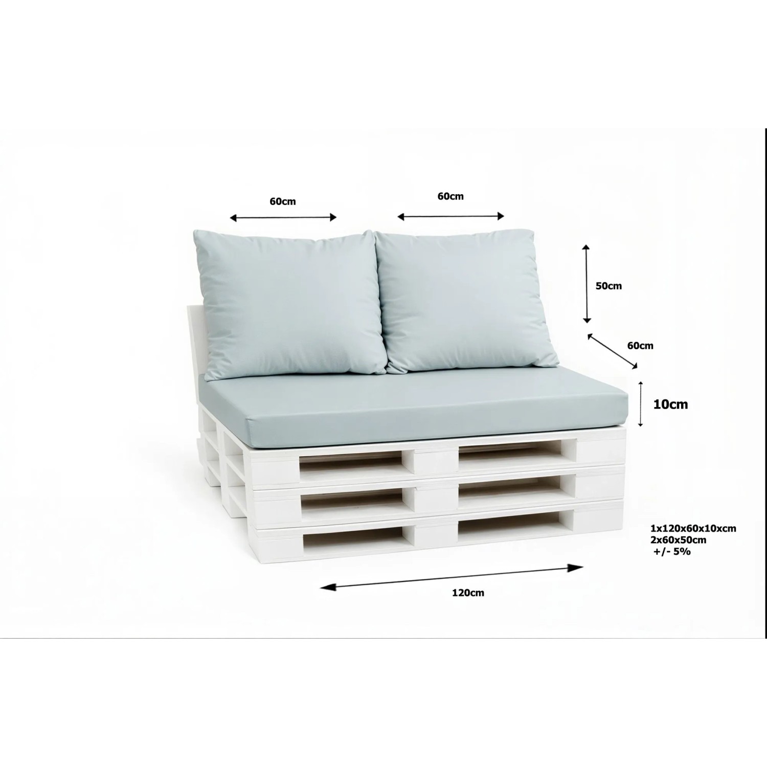 Pastellblaues Palettenkissen Set für 2-Sitzer Palettensofa. Sitzkissen 120x60x10cm, 2 Rückenkissen 60x50cm.