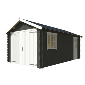 Grau-grüne Lasita Garage Dillon mit Doppeltor und Fenster. Fertiggarage aus Fichtenholz.