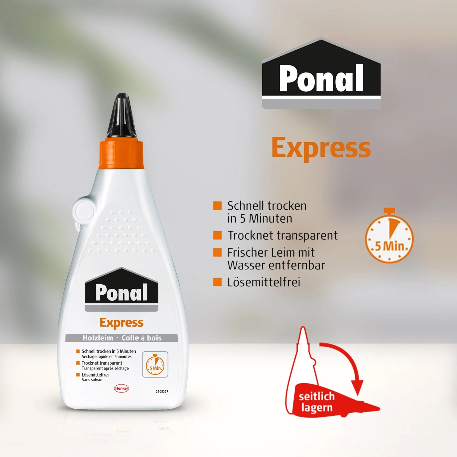 Flasche Ponal Holzleim Express, 550g, transparent trocknend, ideal zum Kleben von Holz.