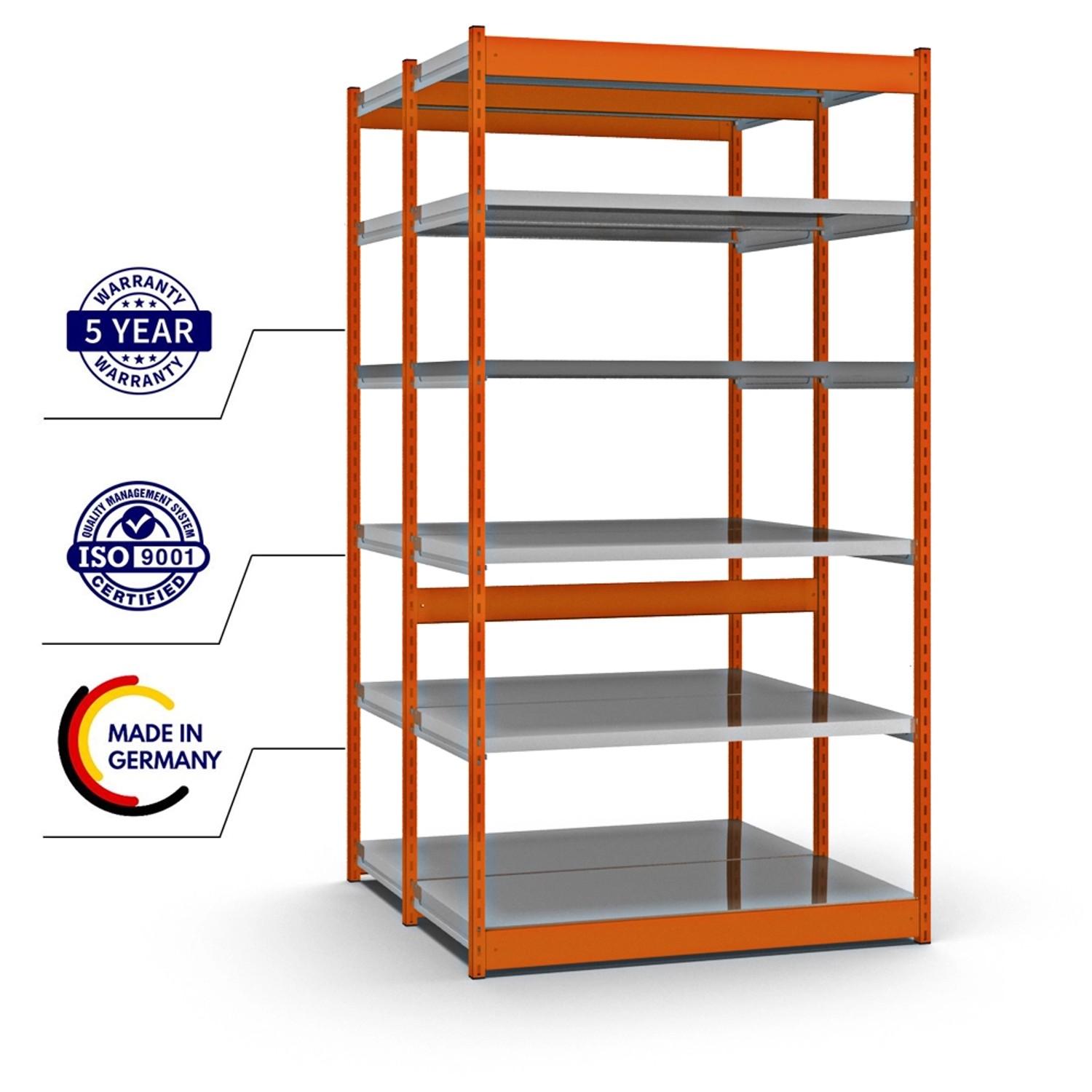 PROREGAL Fachbodenregal, Stecksystem, 250x132,5x60 cm, 6 Ebenen, orangefarbenes Grundregal.