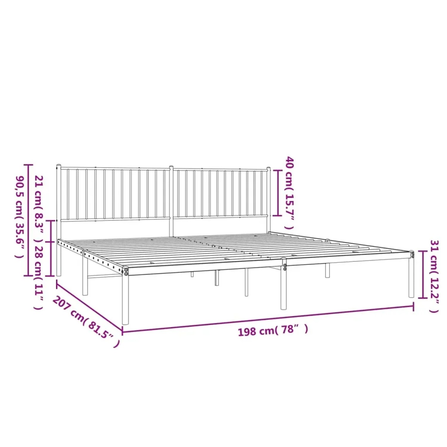Schwarzes Metall Bettgestell mit Kopfteil, vidaXL, 193x203 cm. Bett für Schlafzimmer.
