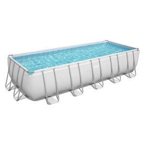 Rechteckiger Bestway Stahlrahmenpool Power Steel, 640x274x132 cm, mit Stahlrahmen und blauem Wasser.