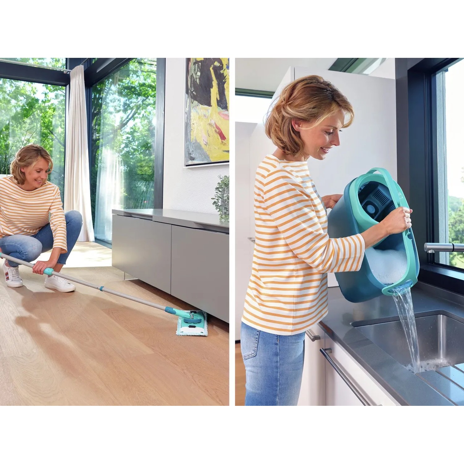 Leifheit Clean Twist M Ergo Bodenwischer-Set mit Eimer und Schleuder in Anwendung.