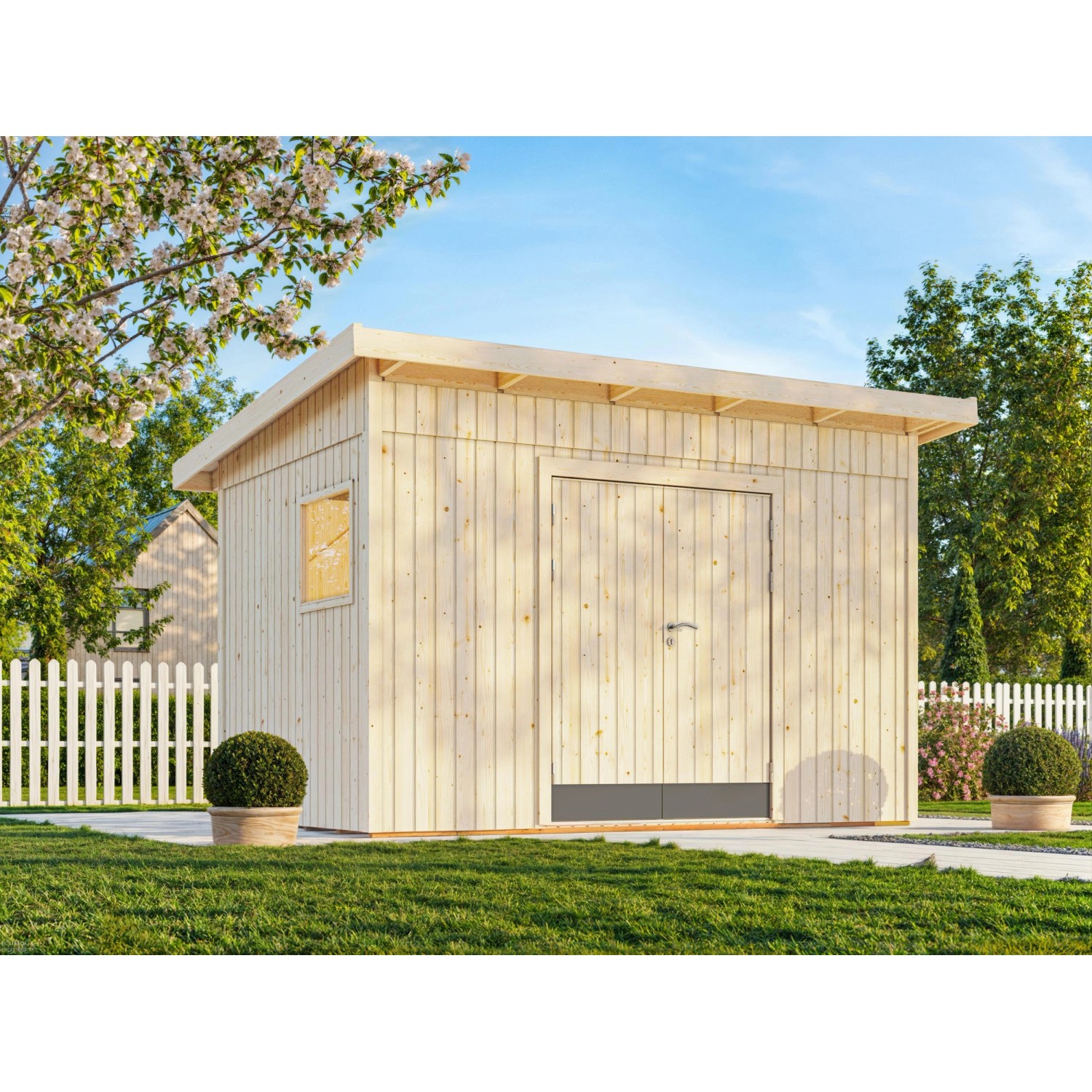 Palmako Gerätehaus Stig 348 x 239 cm Lackiert Hellgrau FSC® günstig online kaufen