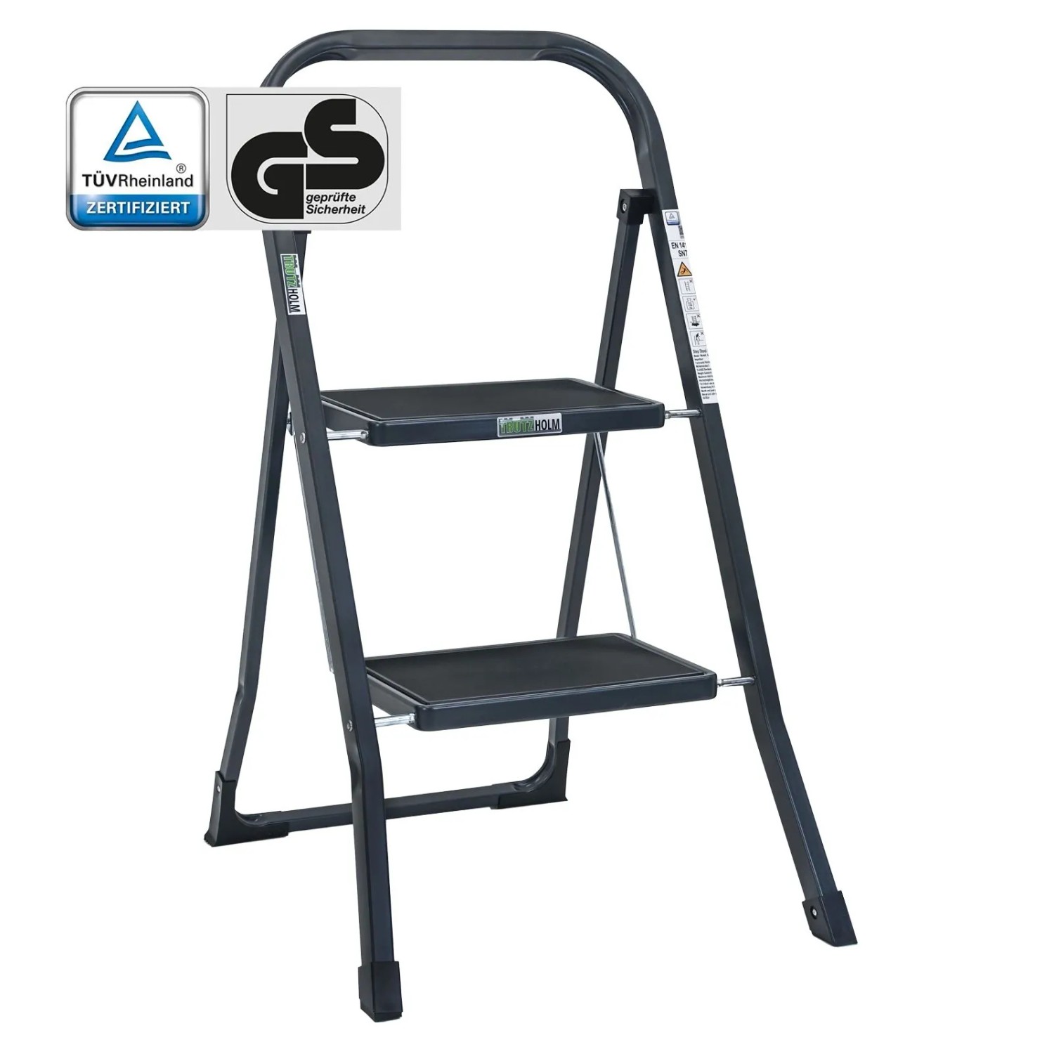 TRUTZHOLM Trittleiter 2 Stufen Klappbar TÜV/GS 150 kg Anti-Rutsch Trittflächen Anthrazit