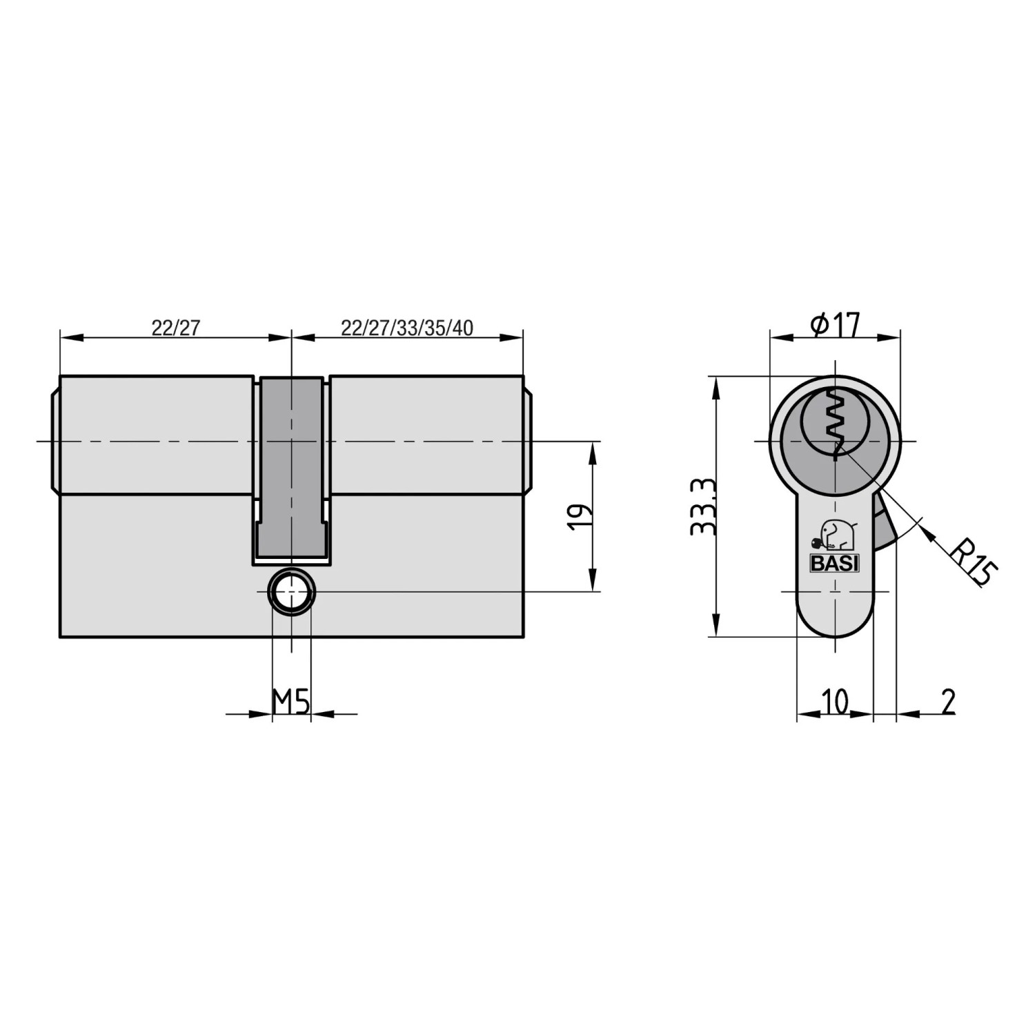 Technische Zeichnung: Basi V50 Profil-Kurzzylinder 27/35 mm, gleichschließend, Maße und Details.