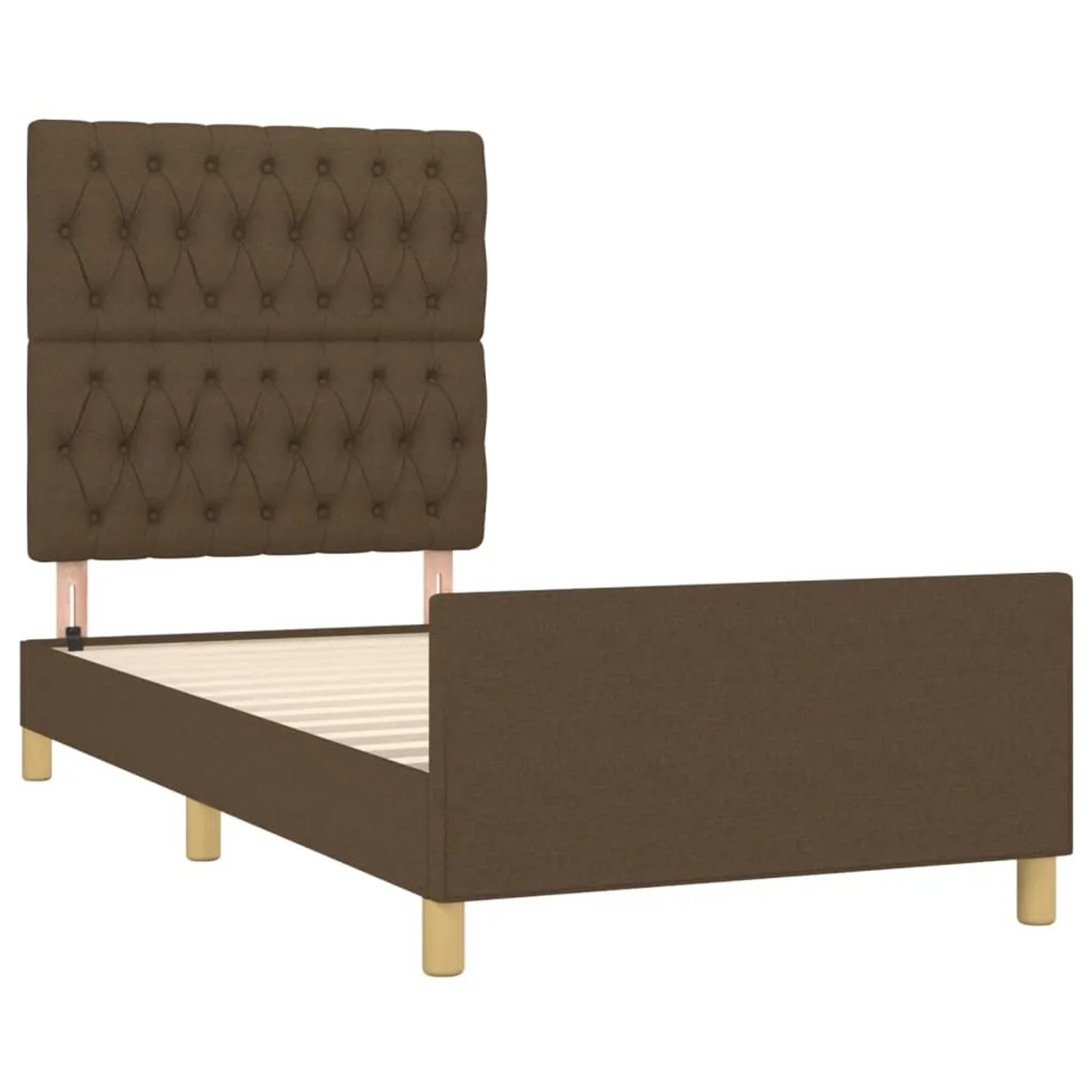 Dunkelbraunes Stoff-Bettgestell 90x200 cm mit gestepptem Kopfteil.