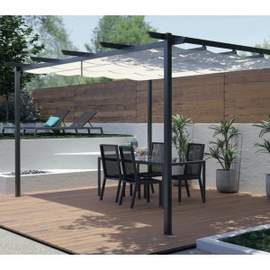 Gardengate Anbaupergola Vittal, 3x3m, grau/beige mit Textildach auf Terrasse.