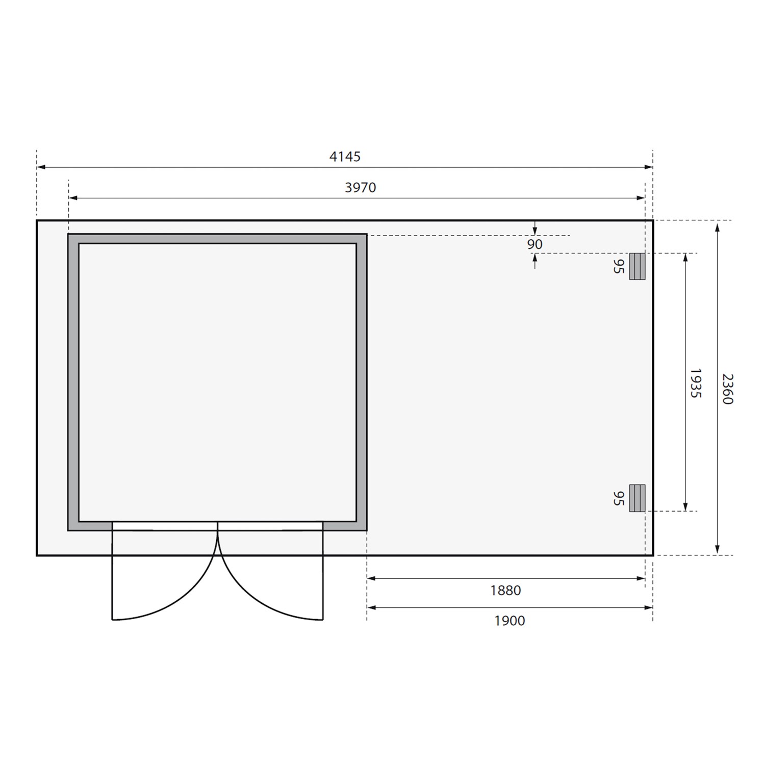 Grundriss Karibu Holz-Gartenhaus Genf 3 Natur mit Maßen 397x213 cm und Anbaudach.