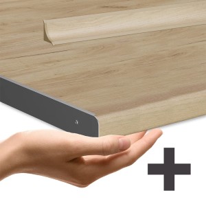 Detailansicht: Vicco R-Line Küchenzeile Arbeitsplatte in Goldkraft Eiche mit Abschlussleiste.