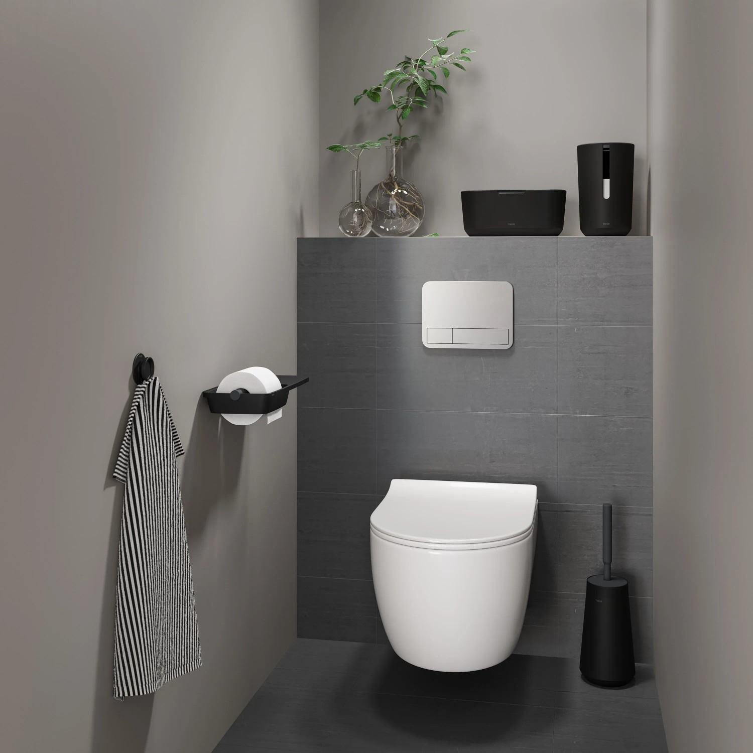Tiger Tess Toilettenbürstenhalter mit Swoop® Bürste in Schwarz/Anthrazit im modernen Badezimmer.