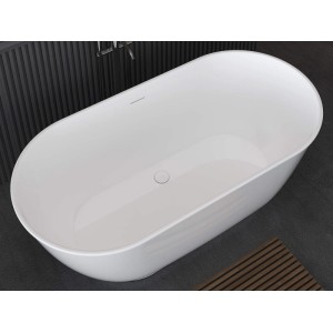 Weiße, freistehende ovale Acryl-Badewanne Mobula, 150 cm lang, in modernem Badambiente.