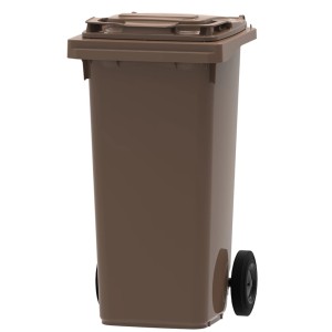 Graue PROREGAL Mülltonne, 240 Liter, mit braunem Deckel und Rädern.
