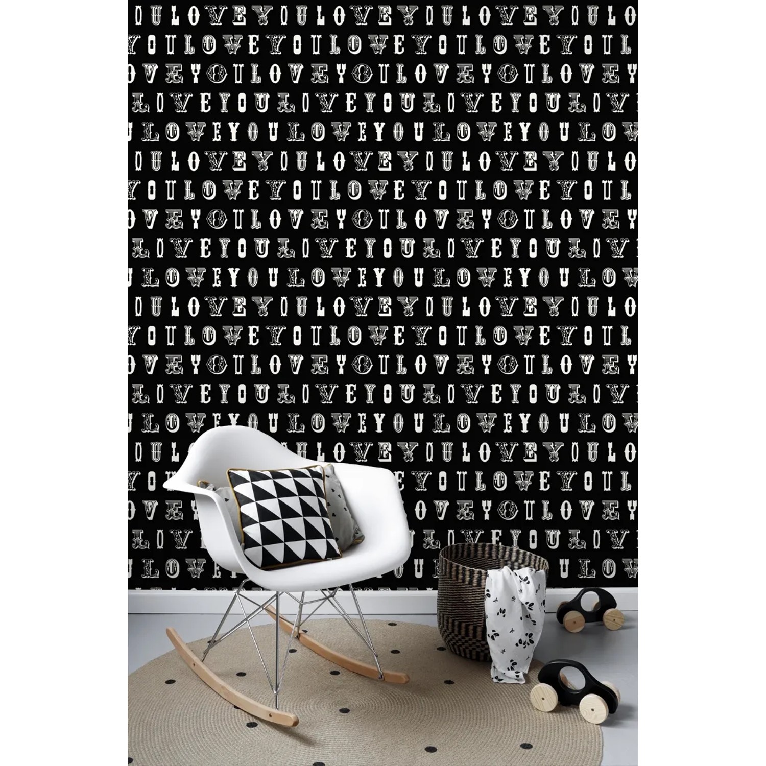 ESTAhome Vliestapete mit "Love You" Schriftzug in Schwarz/Weiß. Dekorative Tapete für Jugendzimmer.