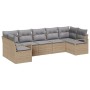 Beiges 7-teiliges Garten-Sofa-Set aus Poly Rattan von vidaXL. Modulares Lounge-Set mit grauen Kissen.