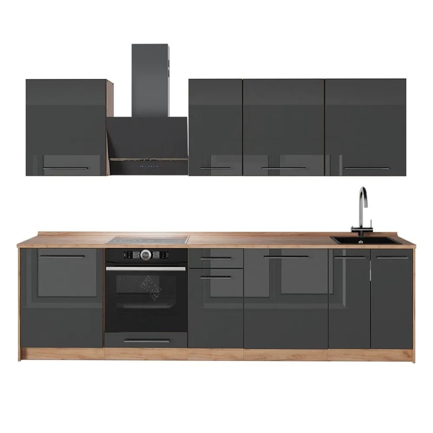 Vicco Küchenzeile Fame-Line Anthrazit Hochglanz/Goldkraft Eiche 280 x 82 AP Eiche Art Nr 64189