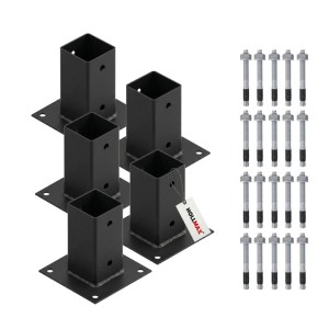5 schwarze HOLLMAX Aufschraubhülsen/Pfostenträger aus pulverbeschichtetem Stahl für 71mm Vierkantpfosten, inkl. 20 Schwerlastanker.