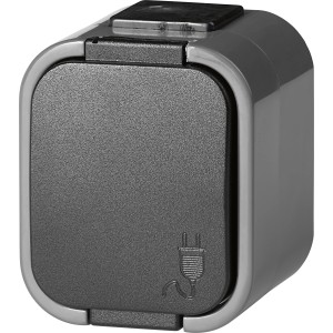 Graue Feuchtraum-Steckdose 1-fach IP54 für Aufputzmontage im Innen- und Außenbereich.