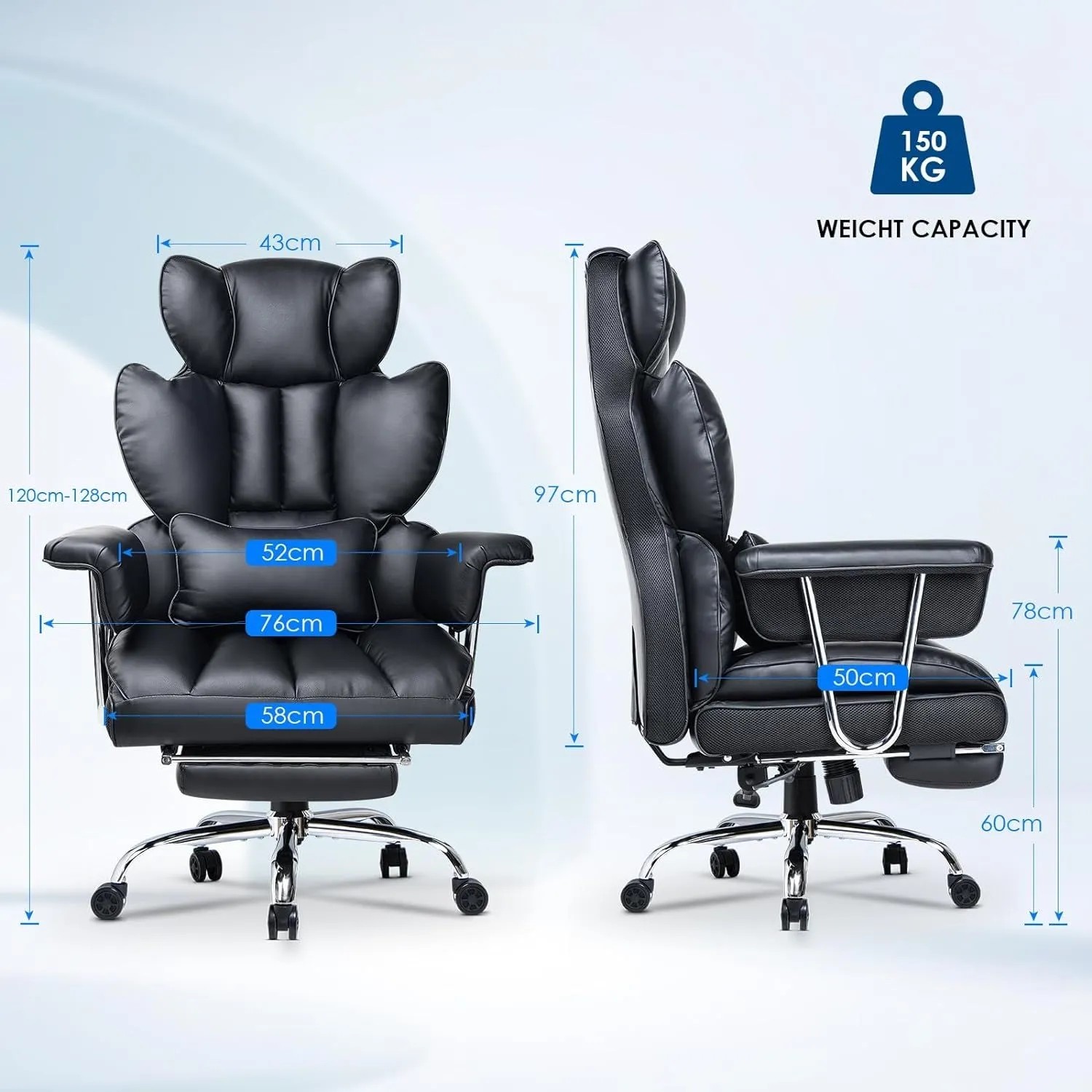 Schwarzer, ergonomischer Rattantree Bürostuhl mit hoher Lehne und Fußstütze für Home Office.