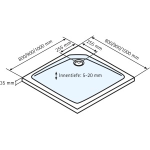 Technische Zeichnung: Schulte Duschwanne, extraflach, quadratisch, 90x90 cm, Alpinweiß, mit Maßangaben.