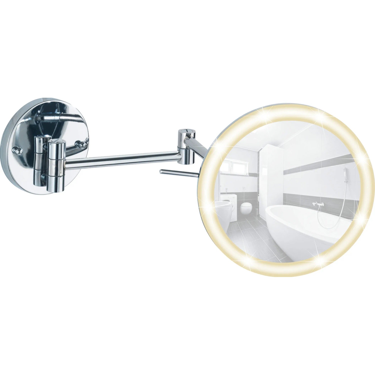 Wenko Power-Loc LED Wandspiegel Aura, runder Kosmetikspiegel mit LED-Beleuchtung und Chrom-Optik.