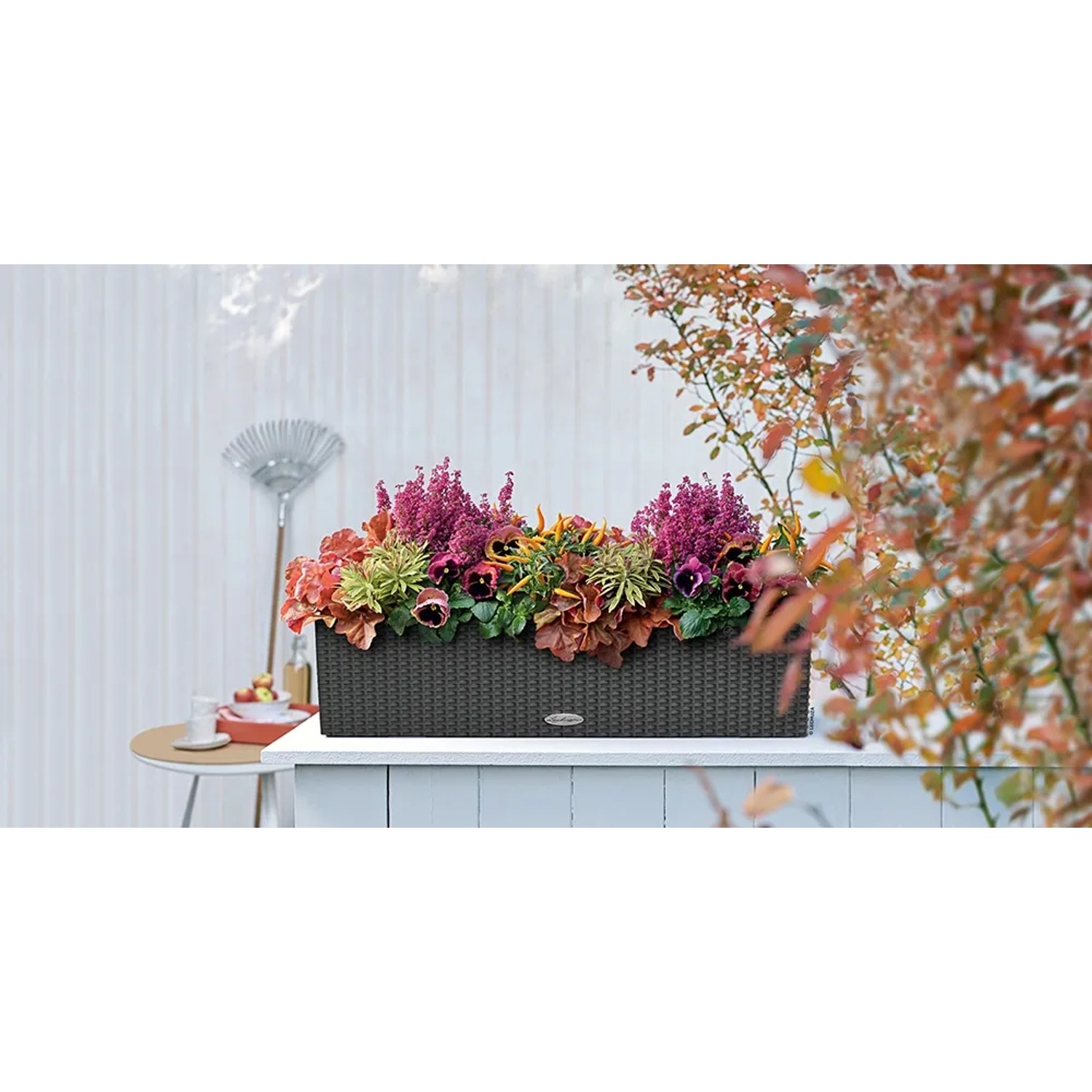 Lechuza Balconera Balkonkasten im Granit-Look, 79 cm, bepflanzt mit bunten Blumen.