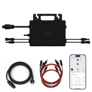 ASTRO Energy Mikro-Wechselrichter 800W mit Kabeln und App-Ansicht für Balkonkraftwerke.