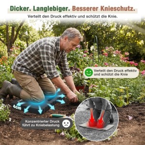 Mann kniet auf schwarzem, 4cm dickem Garten-Kniekissen beim Pflanzen. Das Kniepolster schützt die Knie effektiv vor Druck.