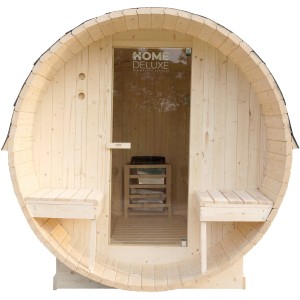 Home Deluxe Fasssauna Lahti Deluxe L mit Ofen und zwei Sitzbänken aus Fichtenholz.