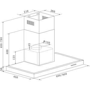 Technische Zeichnung PKM Dunstabzugshaube 6004W, Wandhaube mit Maßen.