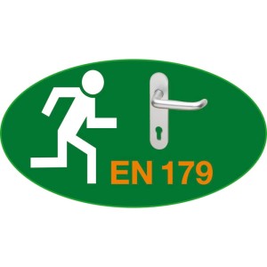 Grünes Symbol für Fluchttürfunktion nach EN 179: laufende Person, Türgriff. Relevant für Drückerstift und Türzubehör.