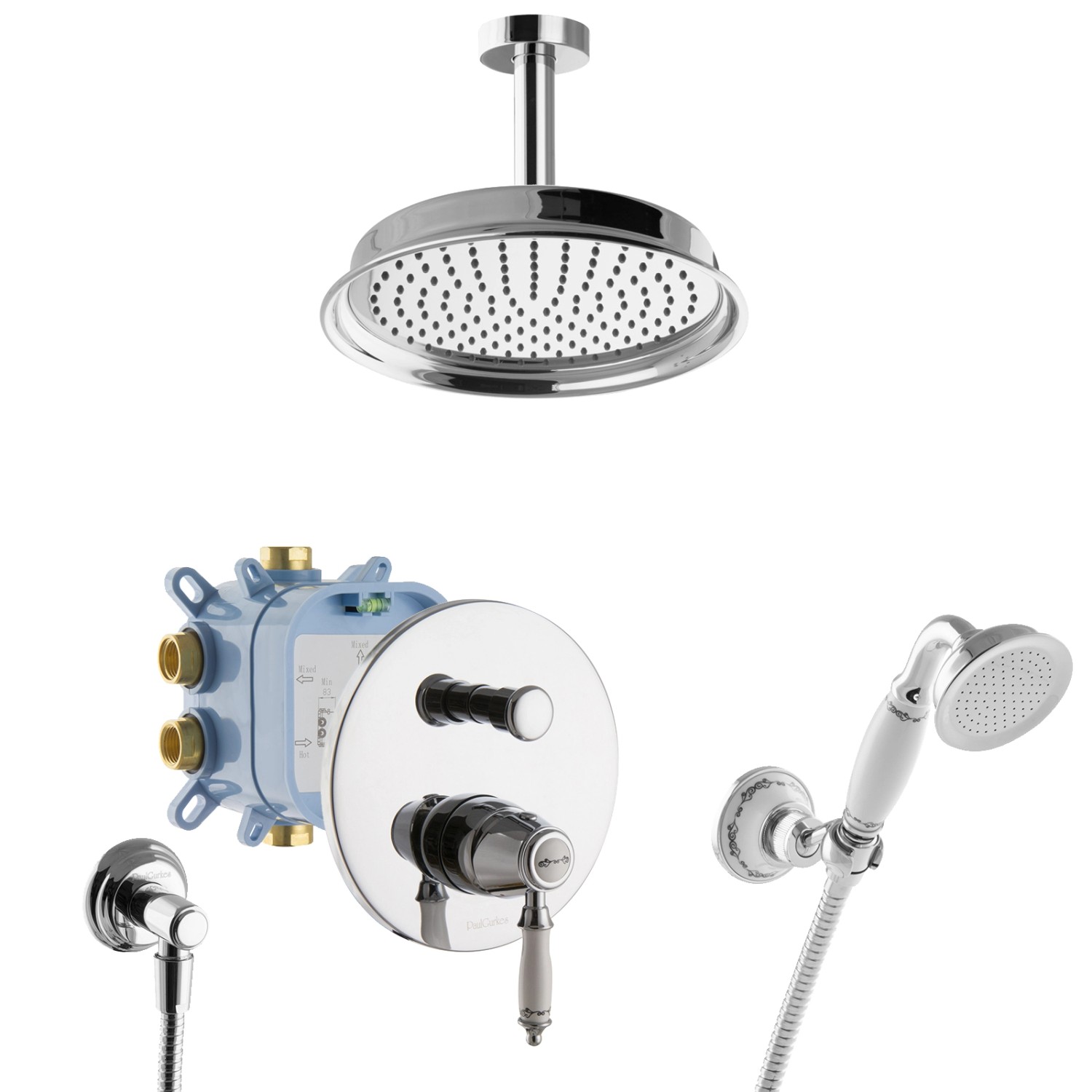 PaulGurkes Duschsystem Nostalgie Retro Regendusche Dusch Set Komplett mit Box Deckeneinbau