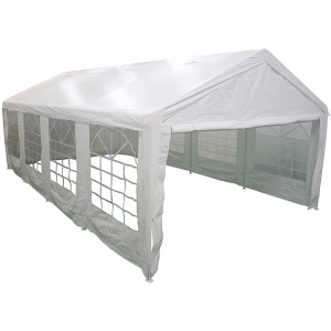 Weißer Siena Garden Event Pavillon 6x12 m mit Stahlgestell und Polyethylen-Bezug.
