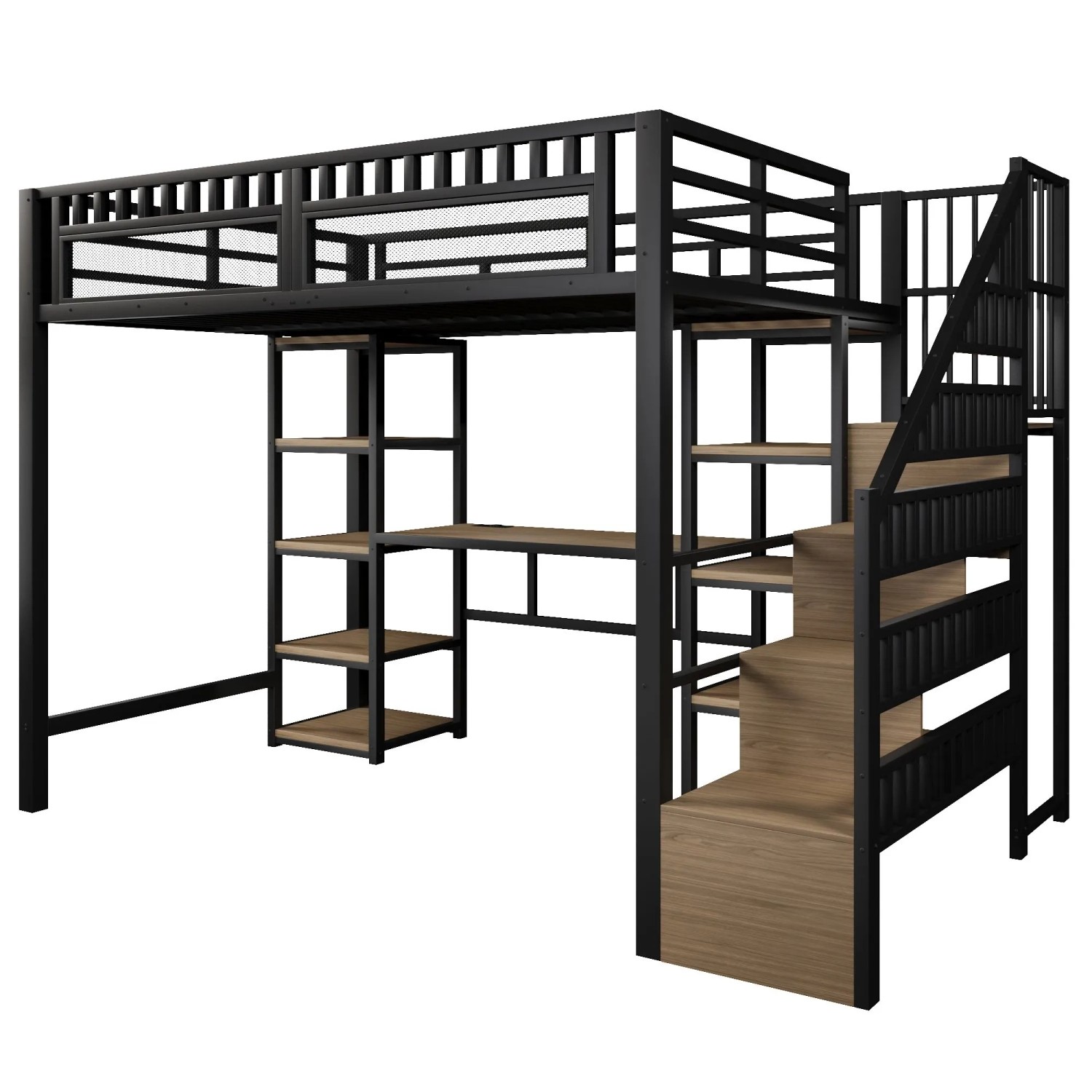okwish Metall Hochbett 140x200cm mit Schreibtisch USB und Stauraum Schwarz ohne Matratze
