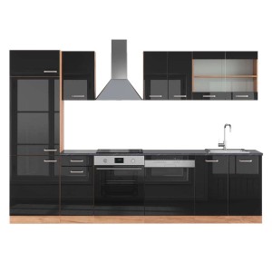 Moderne Küchenzeile in Schwarz Hochglanz und Goldkraft Eiche mit anthrazitfarbener Arbeitsplatte.