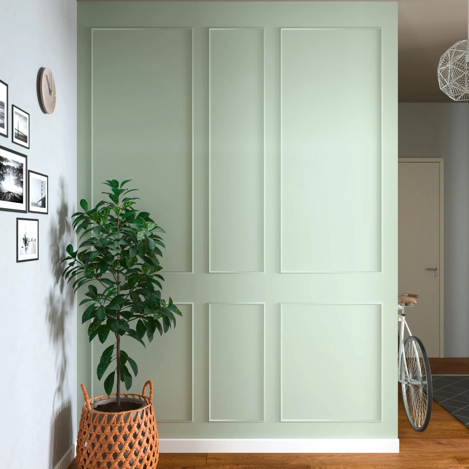 Wand mit CREATE! by OBI Lieblingsfarbe Maja Jadegrün, matte Premium-Farbe im Interieur.