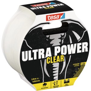 Tesa Ultra Power Clear Reparaturband, 10 m x 48 mm, transparent. Starkes, klares Klebeband für Reparaturen.