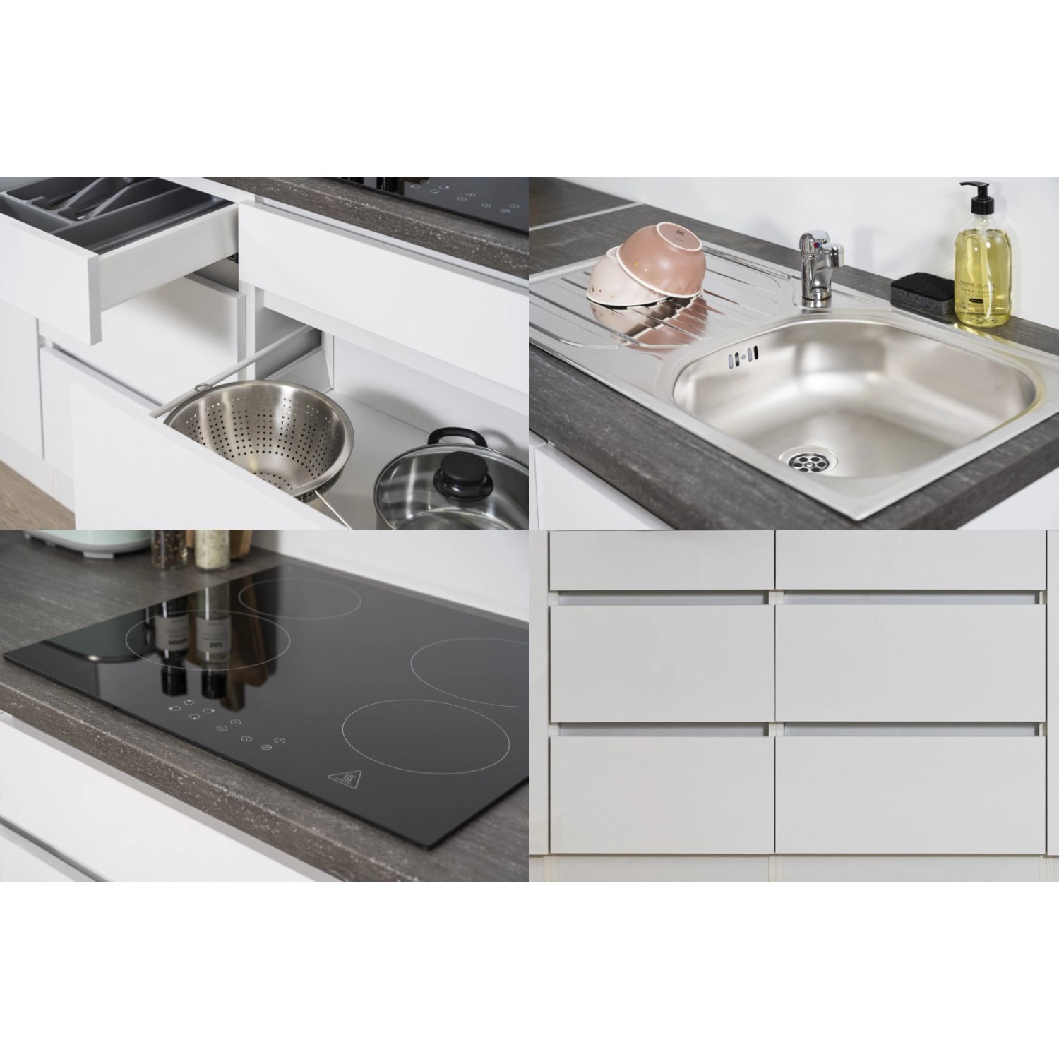 Detailansicht der Respekta Küchenzeile in Schwarz Hochglanz-Weiß, grifflos, mit Spüle, Kochfeld und Stauraum.