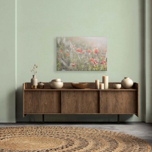 Leinwandbild mit Mohnblumen auf einer Wiese im Landhausstil als Wanddeko.