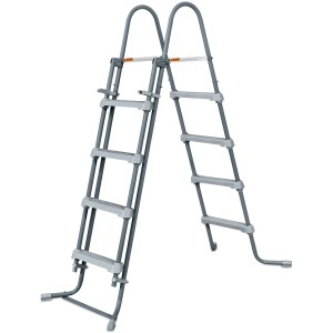 Graue Poolleiter für Summer Waves Stahlrahmenpool, mit vier Stufen auf jeder Seite.