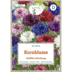 Saatgutpackung Grüne Fee Kornblume, gefüllte Mischung mit Blüten in Weiß, Rosa, Blau und Rot.