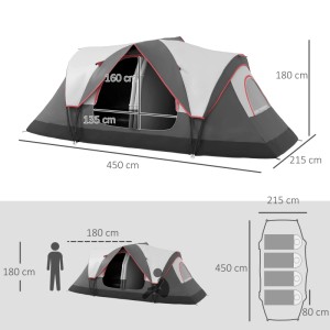 Graues Outsunny Campingzelt für 8 Personen mit zwei Schlafräumen und Maßangaben.