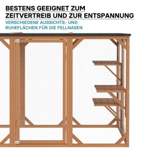 Wetterfestes Holz-Katzengehege mit Drahtgitter, Tür und 3 Liegeflächen. Sicheres Freilaufgehege für Katzen im Garten.