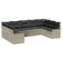 Hellgraues 9-teiliges Garten-Sofa-Set aus Poly Rattan mit Kissen.