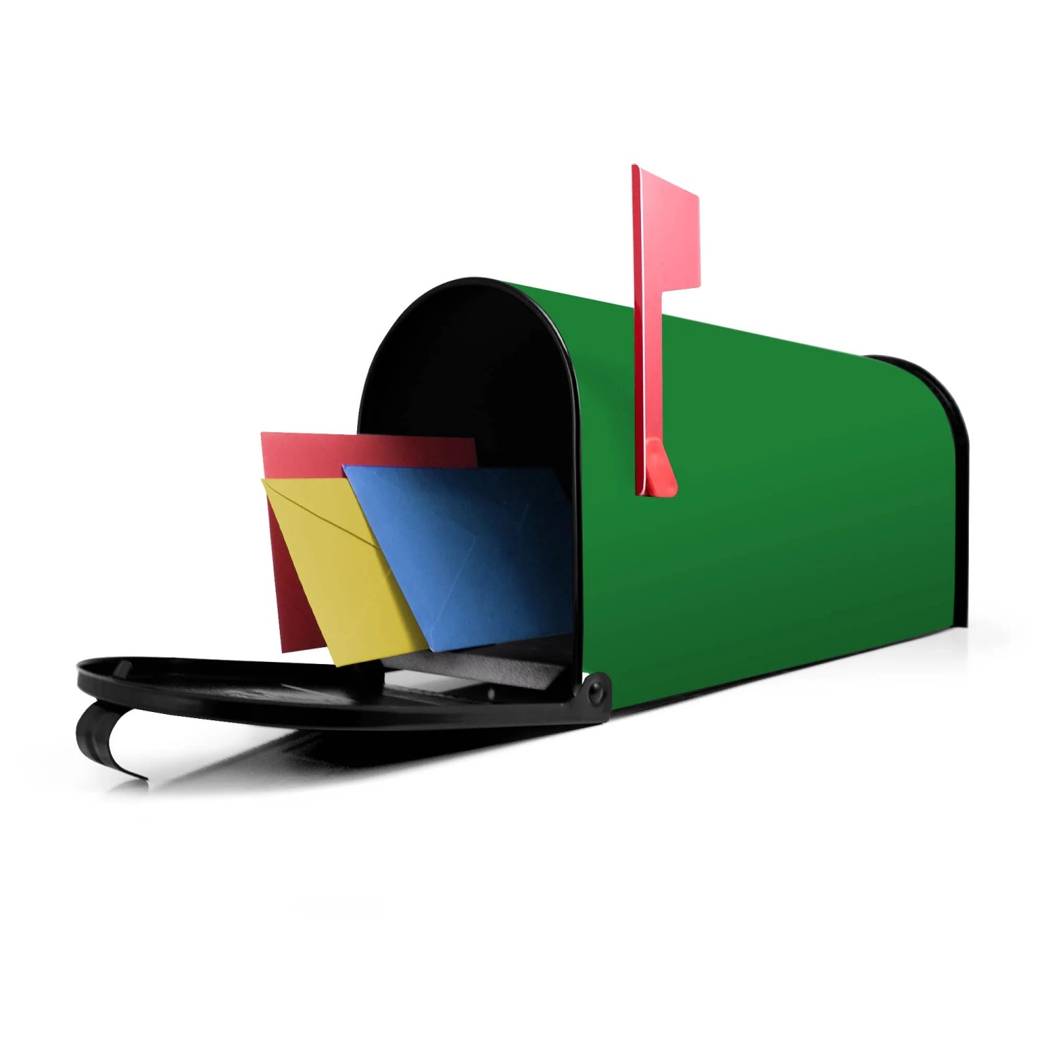 Offener, grüner US-Briefkasten mit roter Fahne und Briefen. Banjado Postkasten.
